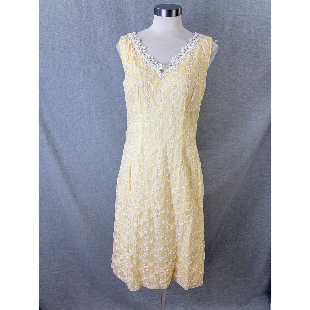Vintage 1960s Handmade Yellow Lace Overlay Sheath Dress Daisy Trim S - Picture 7 of 11